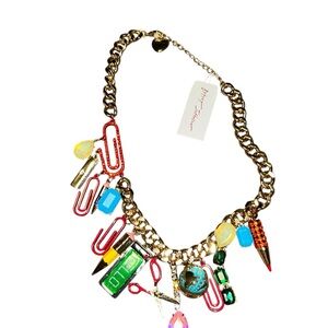 NWT Betsey Johnson Teacher  Supplies Back to school Gold Tone Charm Necklace
